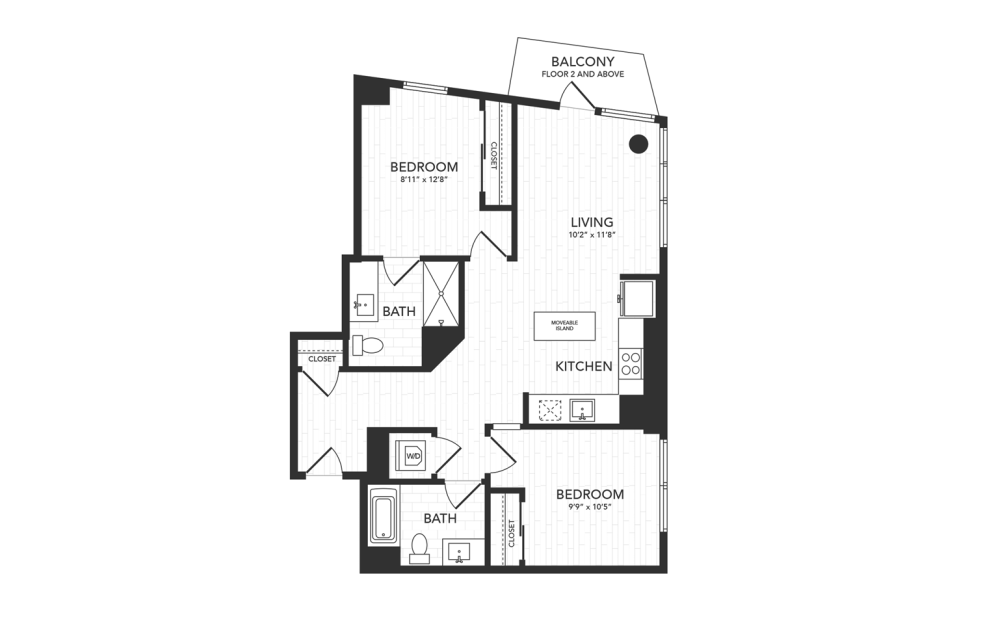 B2 - 2 bedroom floor plans layout with 1 bathroom and 890 square feet