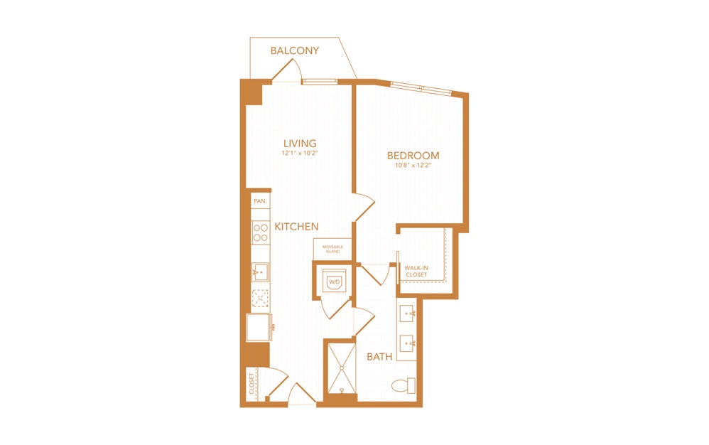 A10 - 1 bedroom floorplan layout with 1 bath and 634 square feet.