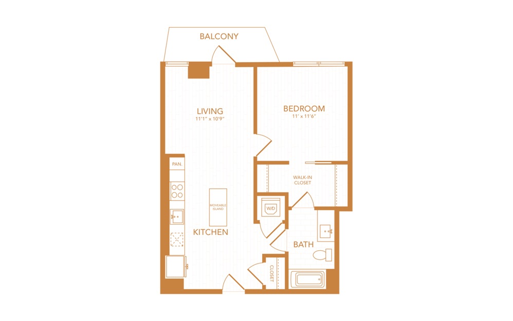 A12 - 1 bedroom floorplan layout with 1 bath and 642 square feet.