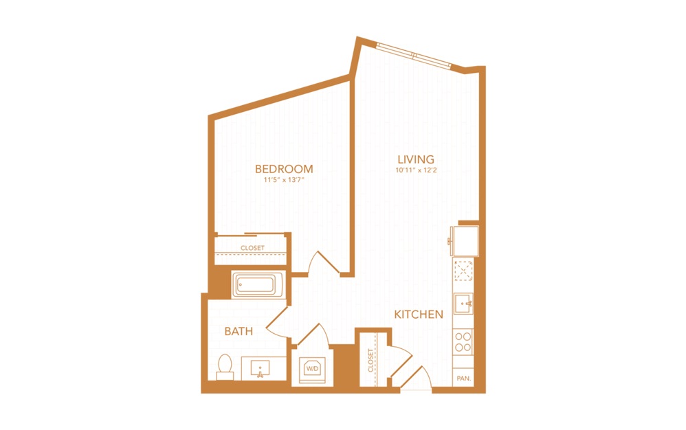 A13 - 1 bedroom floorplan layout with 1 bath and 643 square feet.
