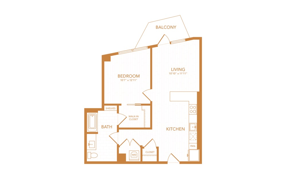 A14 - 1 bedroom floorplan layout with 1 bath and 672 square feet.