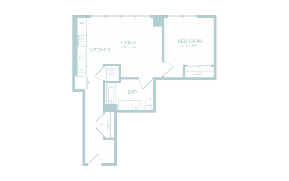 A16 - 1 bedroom floorplan layout with 1 bath and 681 square feet.