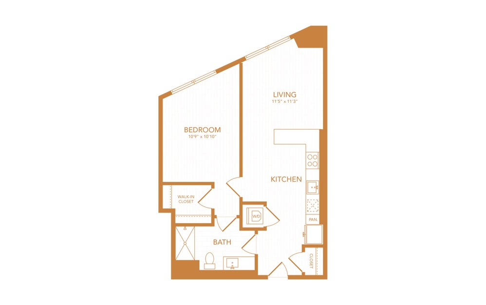 A17 - 1 bedroom floorplan layout with 1 bath and 682 square feet.
