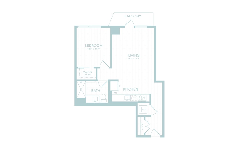 A19 - 1 bedroom floorplan layout with 1 bath and 696 square feet.