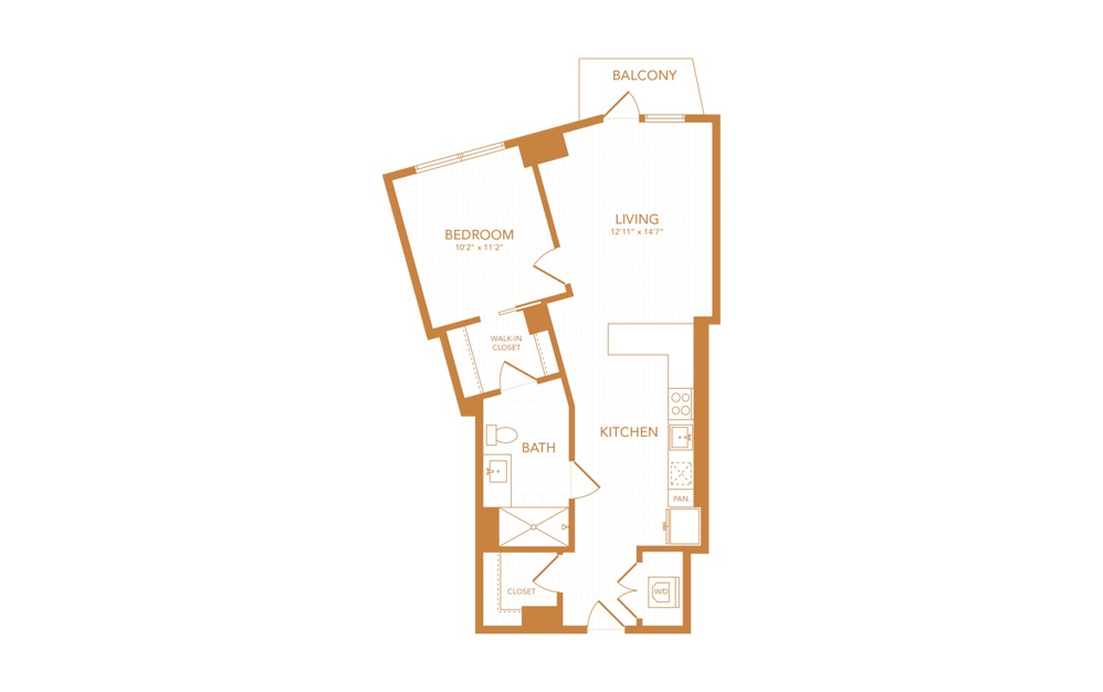 A20 - 1 bedroom floorplan layout with 1 bath and 697 square feet.