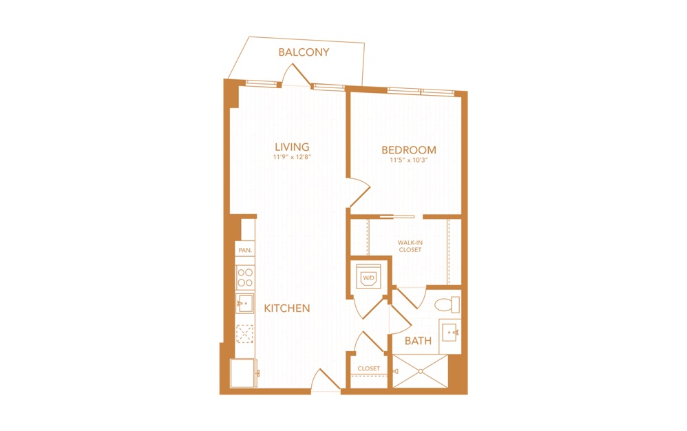 A21 - 1 bedroom floorplan layout with 1 bath and 698 square feet.