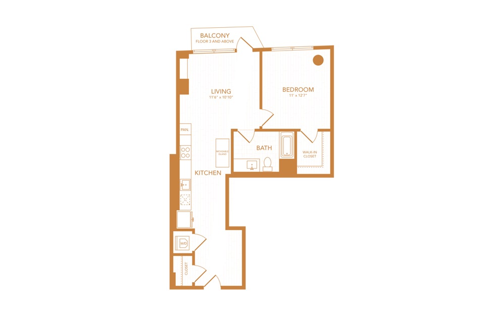 A22 - 1 bedroom floorplan layout with 1 bath and 701 square feet.