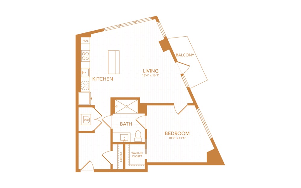 A28 - 1 bedroom floorplan layout with 1 bath and 714 square feet.