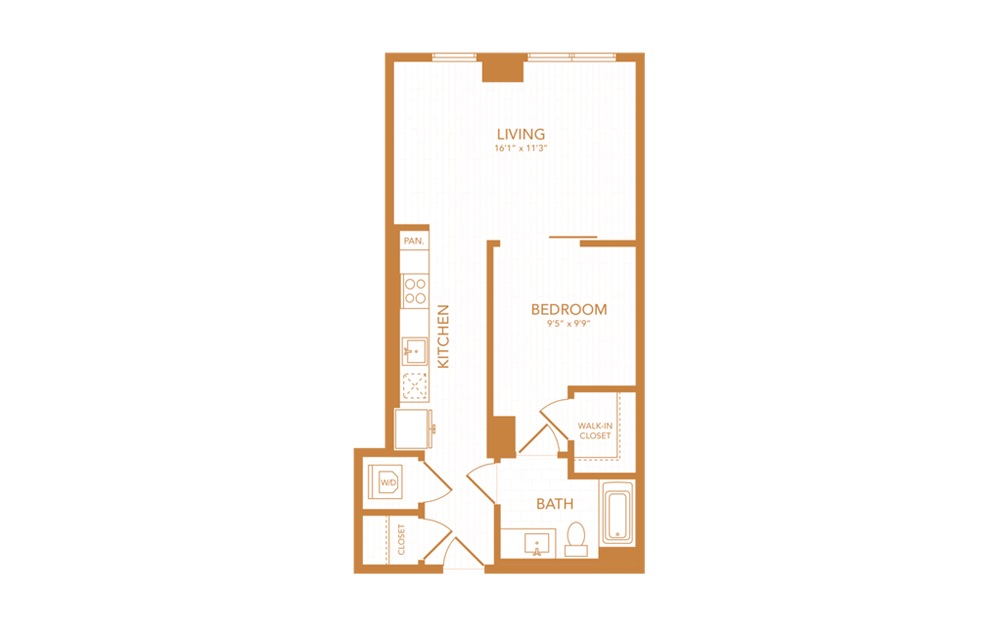 A3 - 1 bedroom floorplan layout with 1 bath and 597 square feet.
