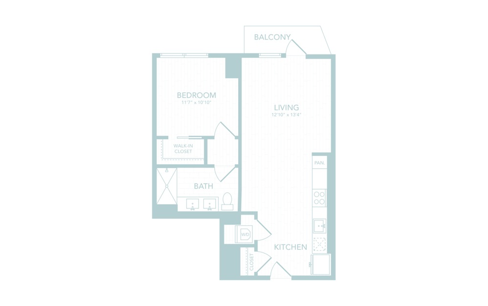 A30 - 1 bedroom floorplan layout with 1 bath and 719 square feet.