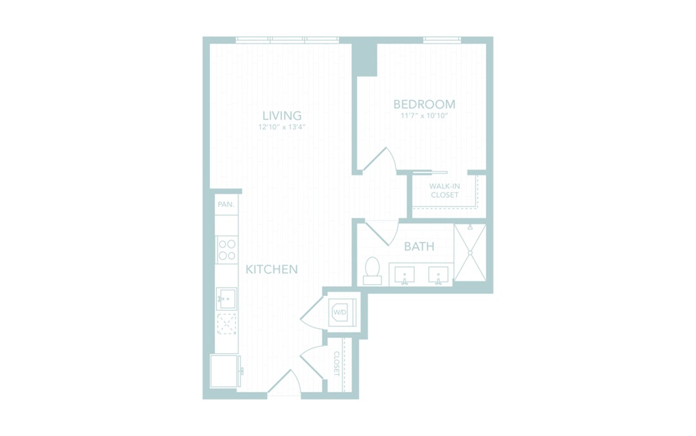 A33 - 1 bedroom floorplan layout with 1 bath and 726 square feet.