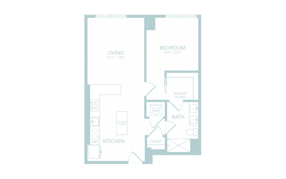 A35 - 1 bedroom floorplan layout with 1 bath and 743 square feet.