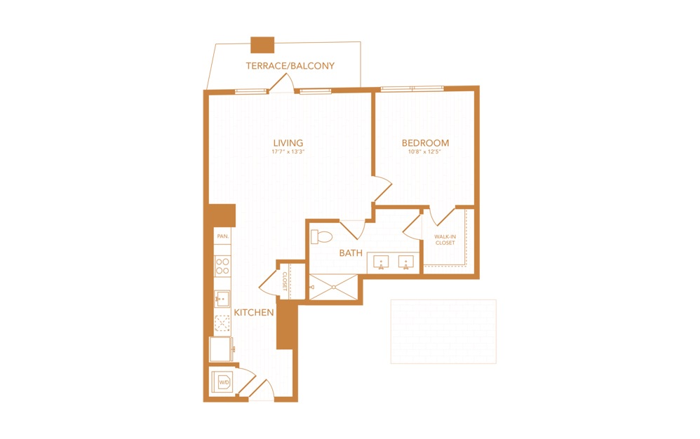 A36 - 1 bedroom floorplan layout with 1 bath and 749 square feet.