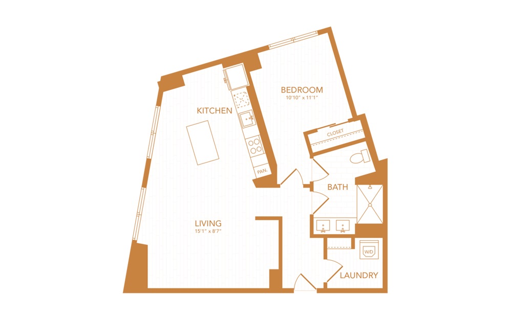 A37 - 1 bedroom floorplan layout with 1 bath and 876 square feet.