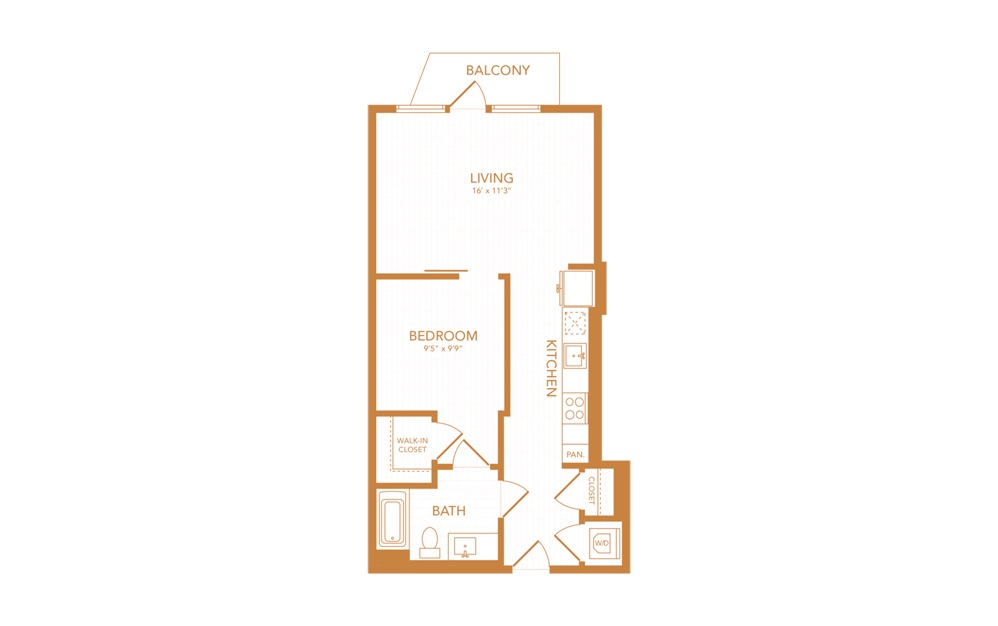 A4 - 1 bedroom floorplan layout with 1 bath and 599 square feet.