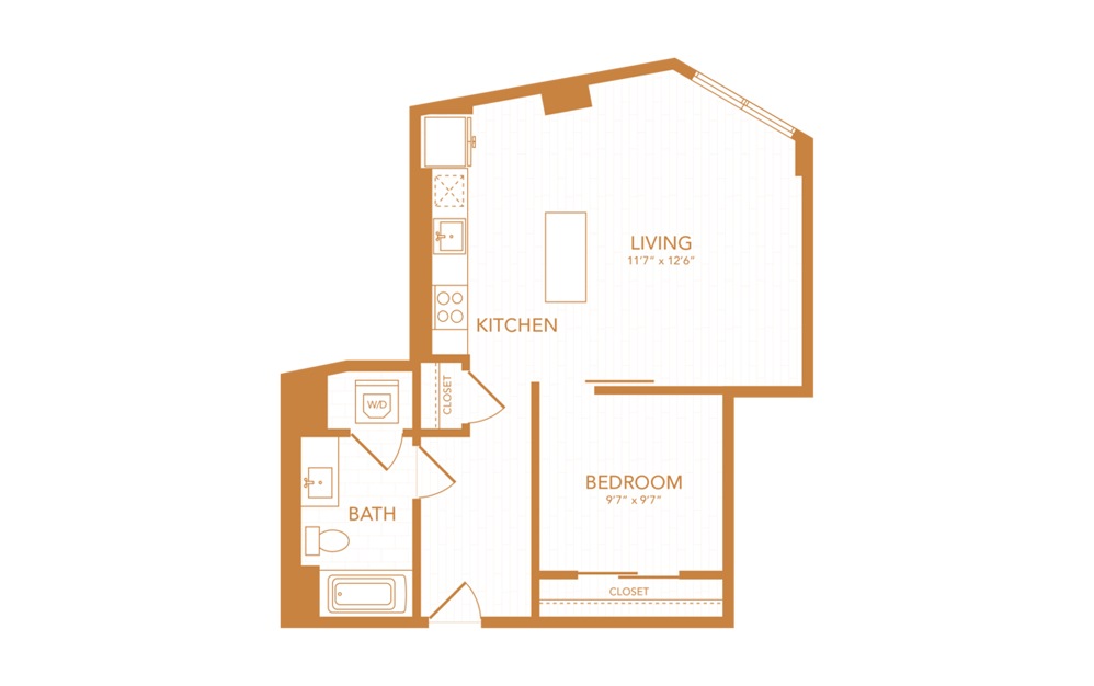 A7 - 1 bedroom floorplan layout with 1 bath and 618 square feet.