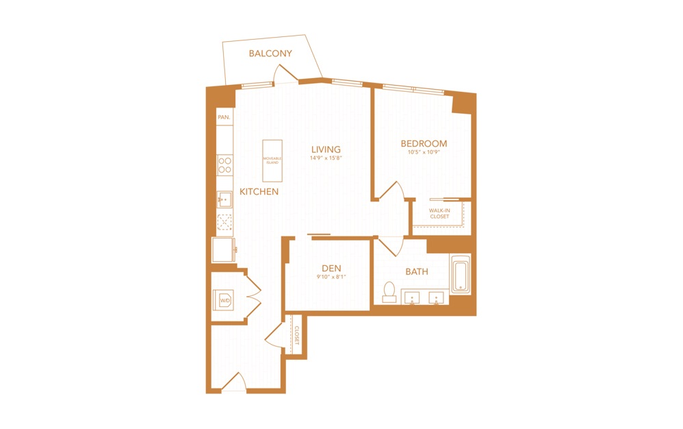 B4 - 1 bedroom floorplan layout with 1 bath and 821 square feet.