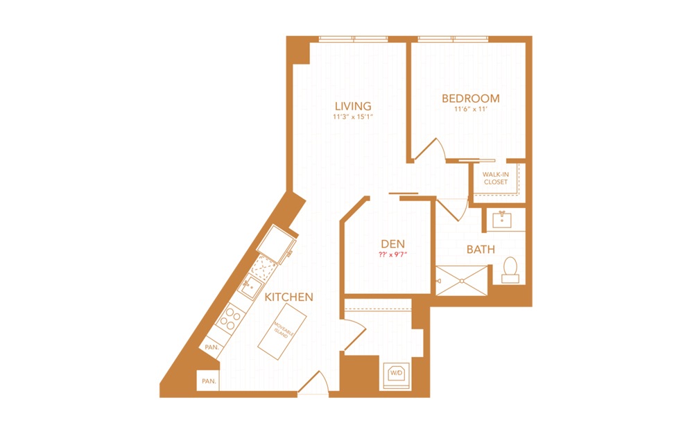 B6 - 1 bedroom floorplan layout with 1 bath and 866 square feet.