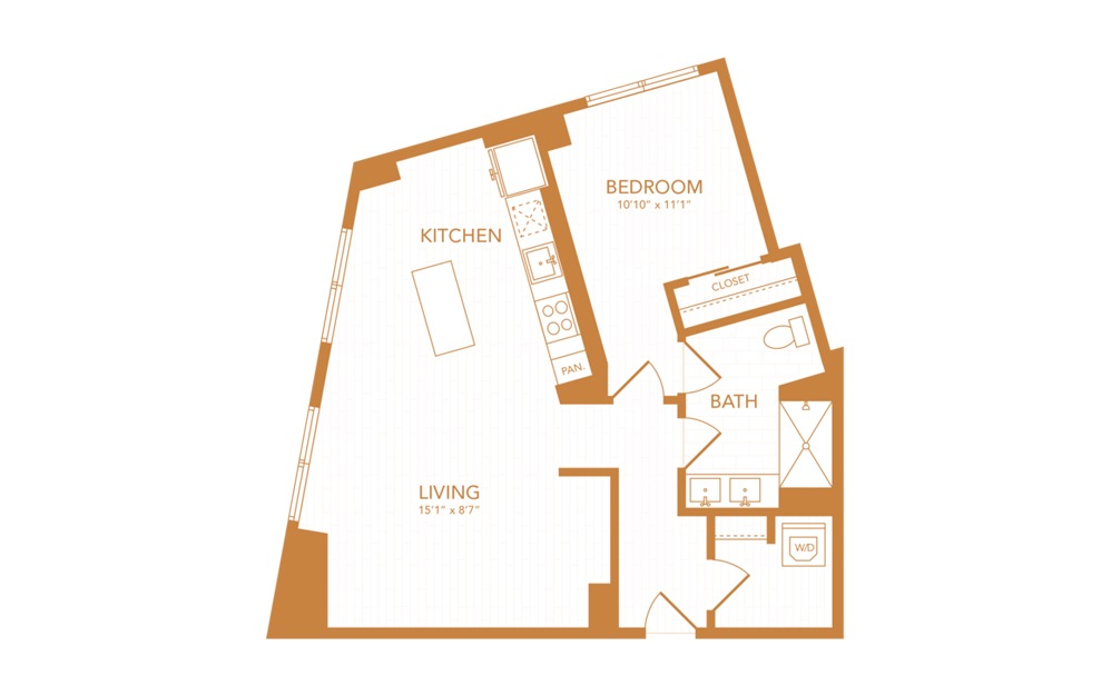 B7 - 1 bedroom floorplan layout with 1 bath and 876 square feet.