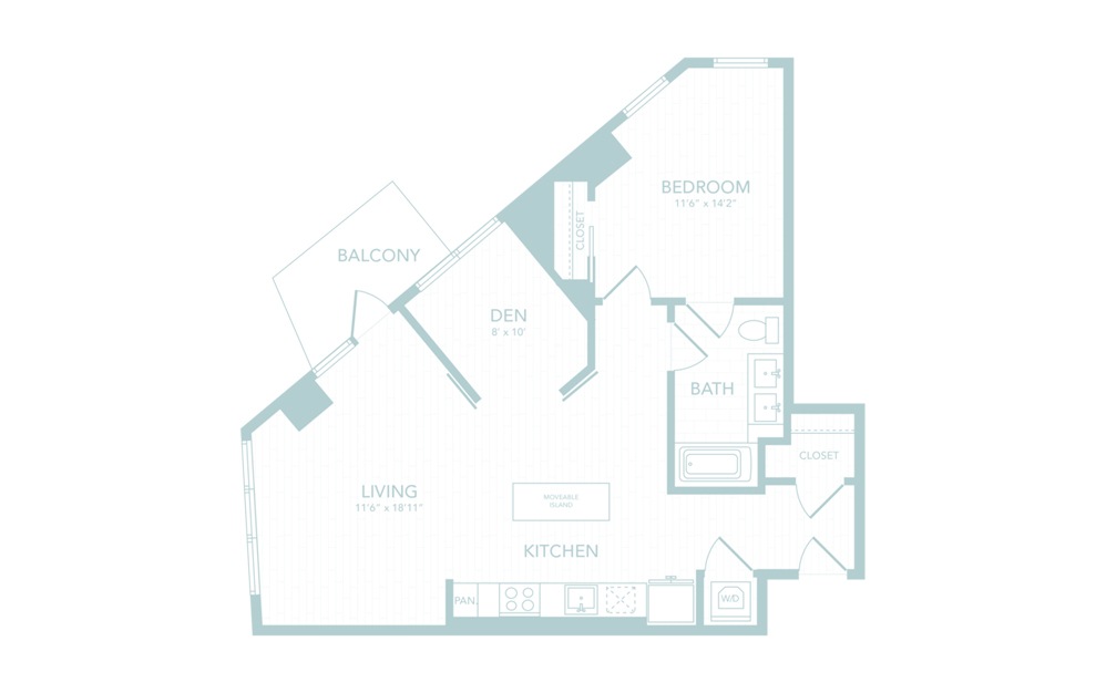 B8 - 1 bedroom floorplan layout with 1 bath and 908 square feet.