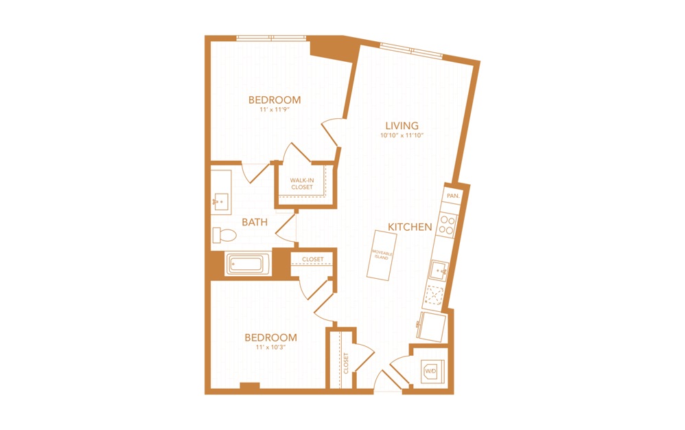 C1 - 2 bedroom floorplan layout with 1 bath and 822 square feet.