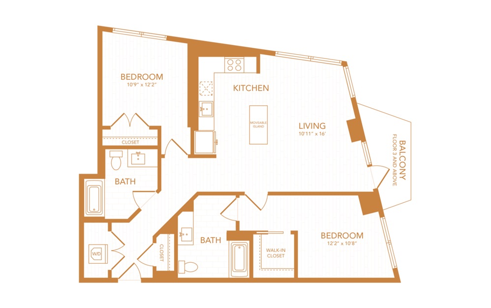C12 - 2 bedroom floorplan layout with 2 baths and 1080 square feet.