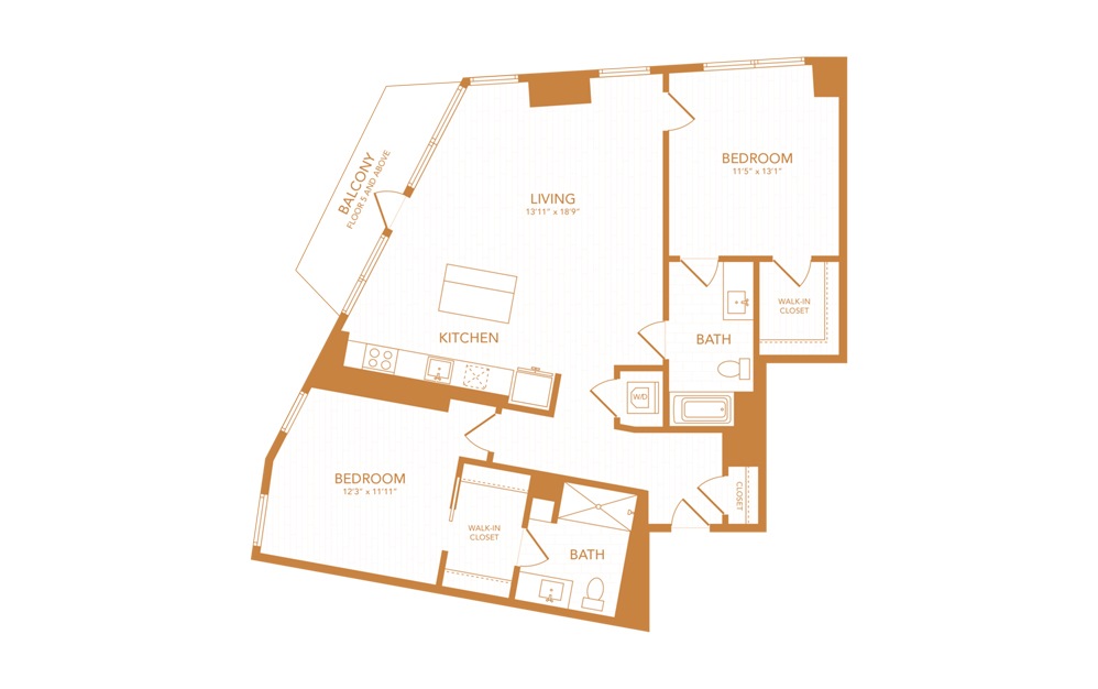 C14 - 2 bedroom floorplan layout with 2 baths and 1099 square feet.