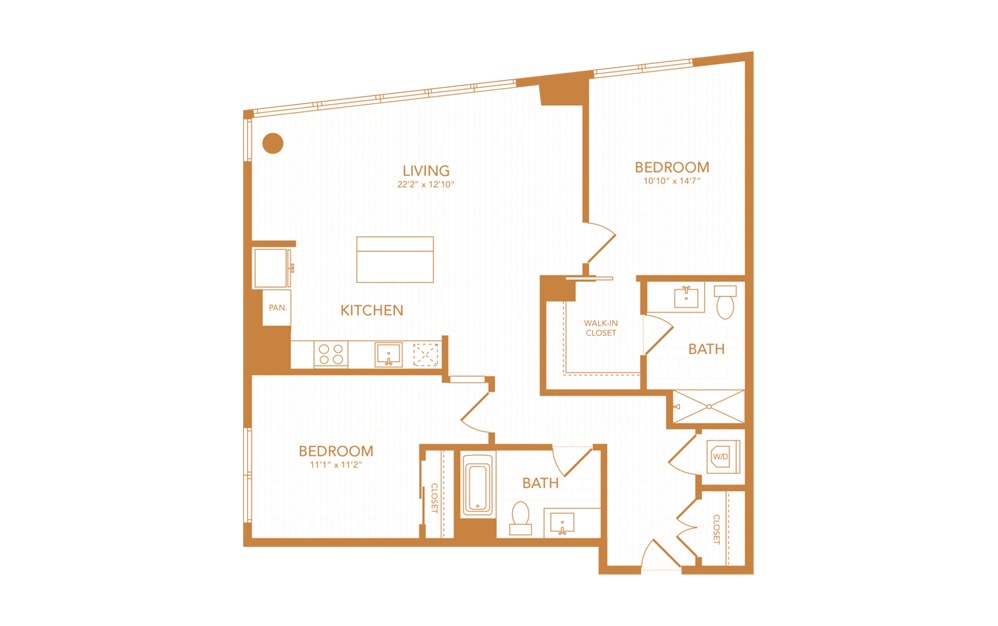 C16 - 2 bedroom floorplan layout with 2 baths and 1111 square feet.