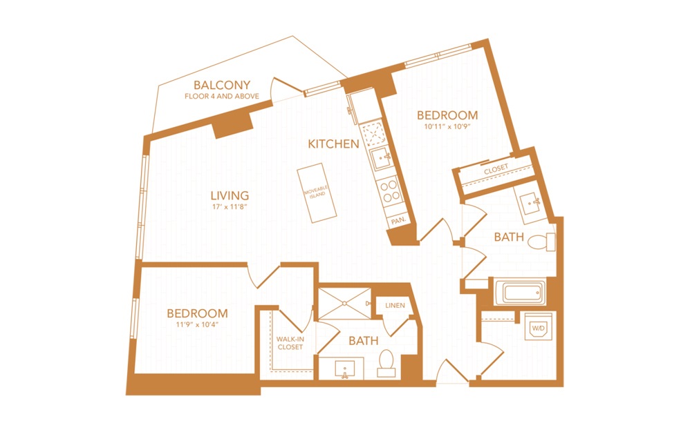 C17 - 2 bedroom floorplan layout with 2 baths and 1125 square feet.