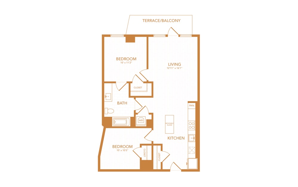 C2 - 2 bedroom floorplan layout with 1 bath and 823 square feet.