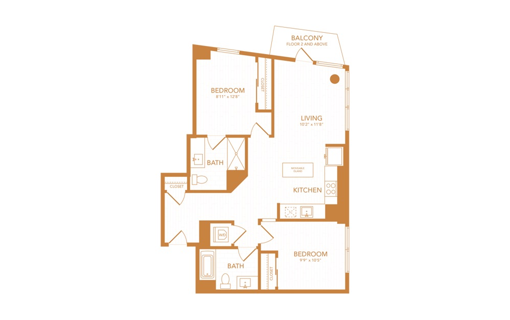 C7 - 2 bedroom floorplan layout with 2 baths and 890 square feet.