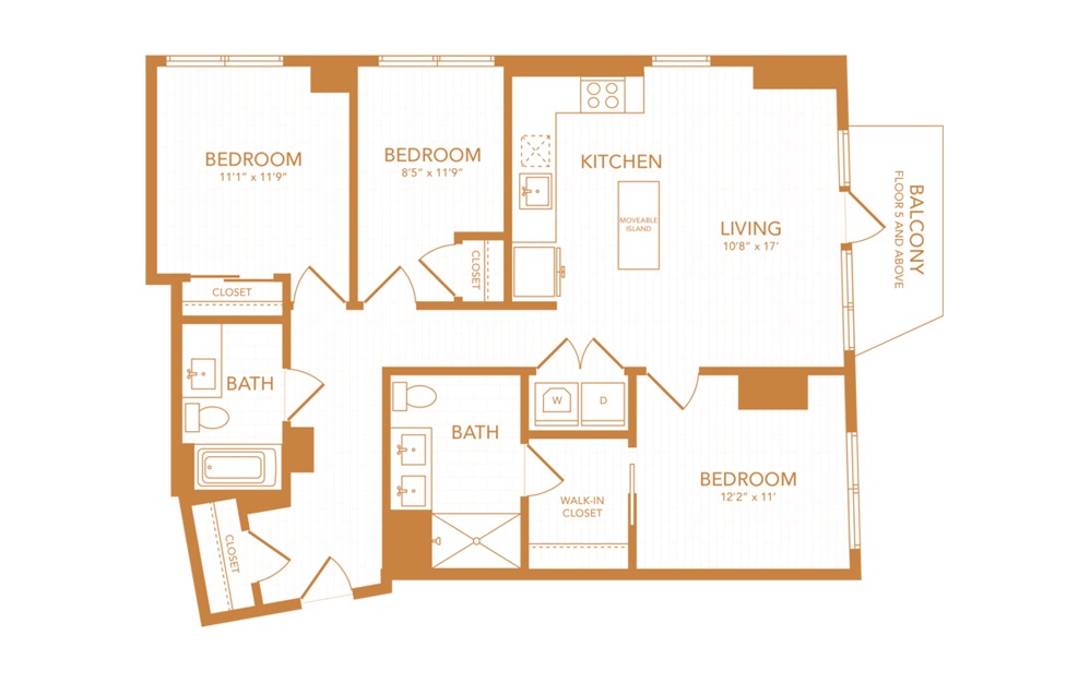 D1 - 2 bedroom floorplan layout with 2 baths and 1175 square feet.