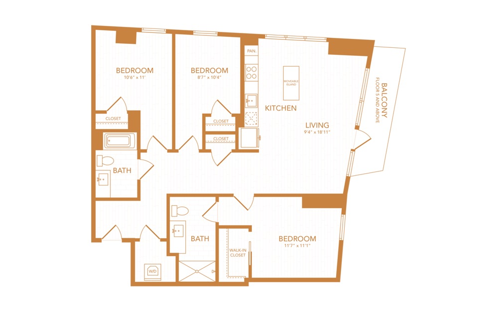 D2 - 3 bedroom floorplan layout with 2 baths and 1197 square feet.