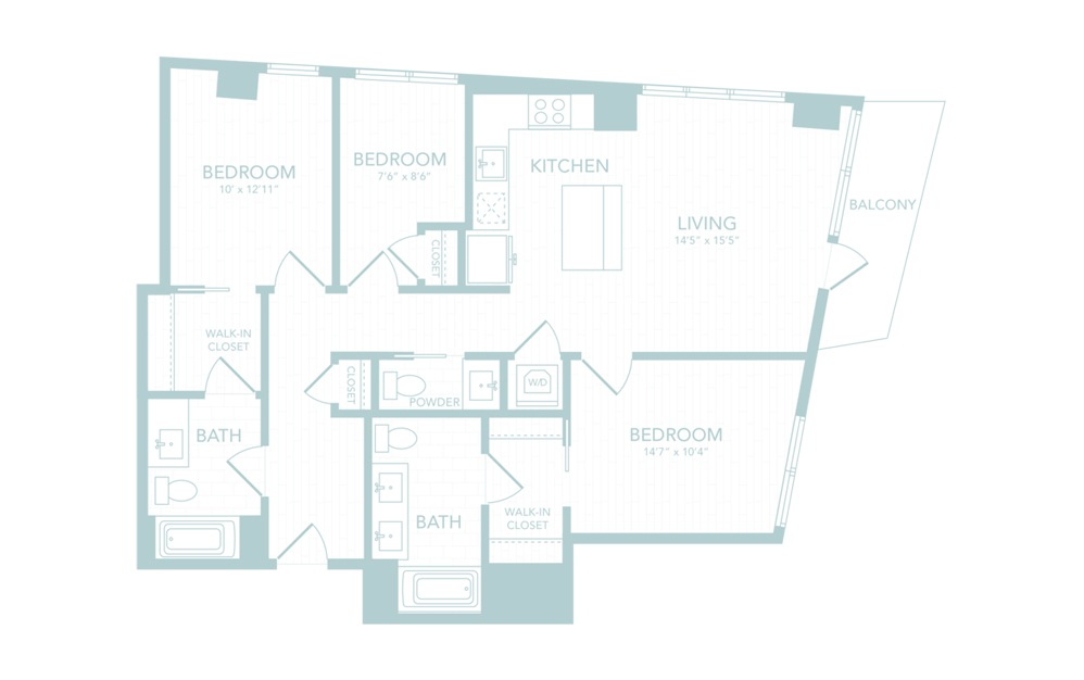 D3 - 3 bedroom floorplan layout with 2.5 baths and 1276 square feet.