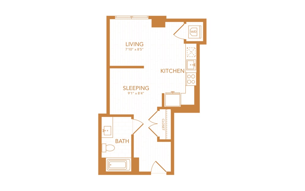 S1 - Studio floorplan layout with 1 bath and 427 square feet.