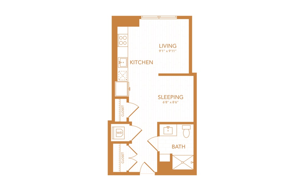 S2 - Studio floorplan layout with 1 bath and 439 square feet.