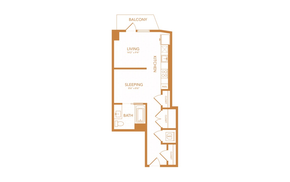 S9 - Studio floorplan layout with 1 bath and 493 square feet.